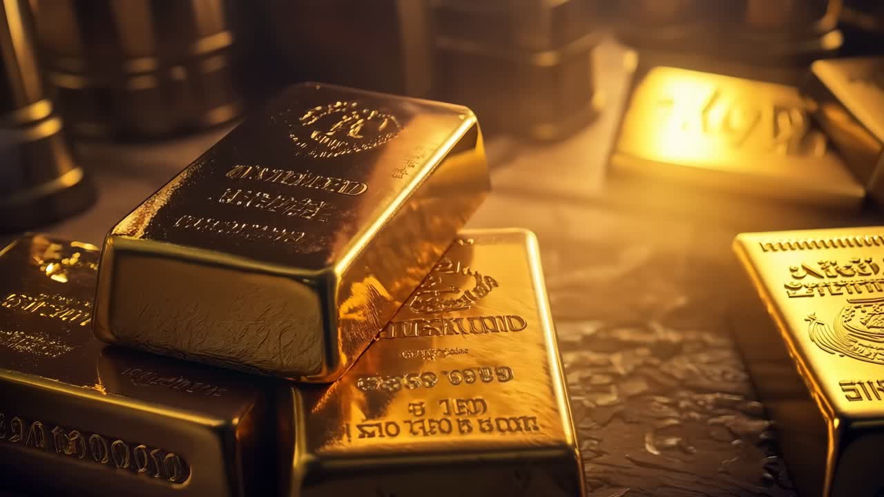 테이블 위에 금괴 더미가 놓여 있다