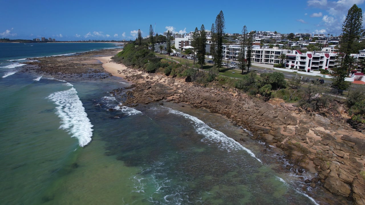 Alexandra Headland The Bluff With Beachside Hotels On The Sunshine Coast Of Queensland, Australia. Aerial Drone Shot