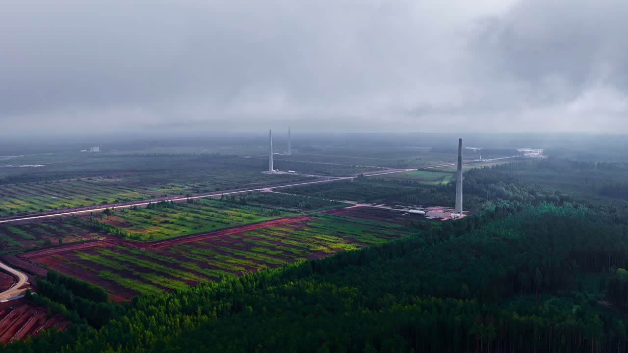 Aerial: wind turbine farm during the day, renewable energy, establishing drone shot