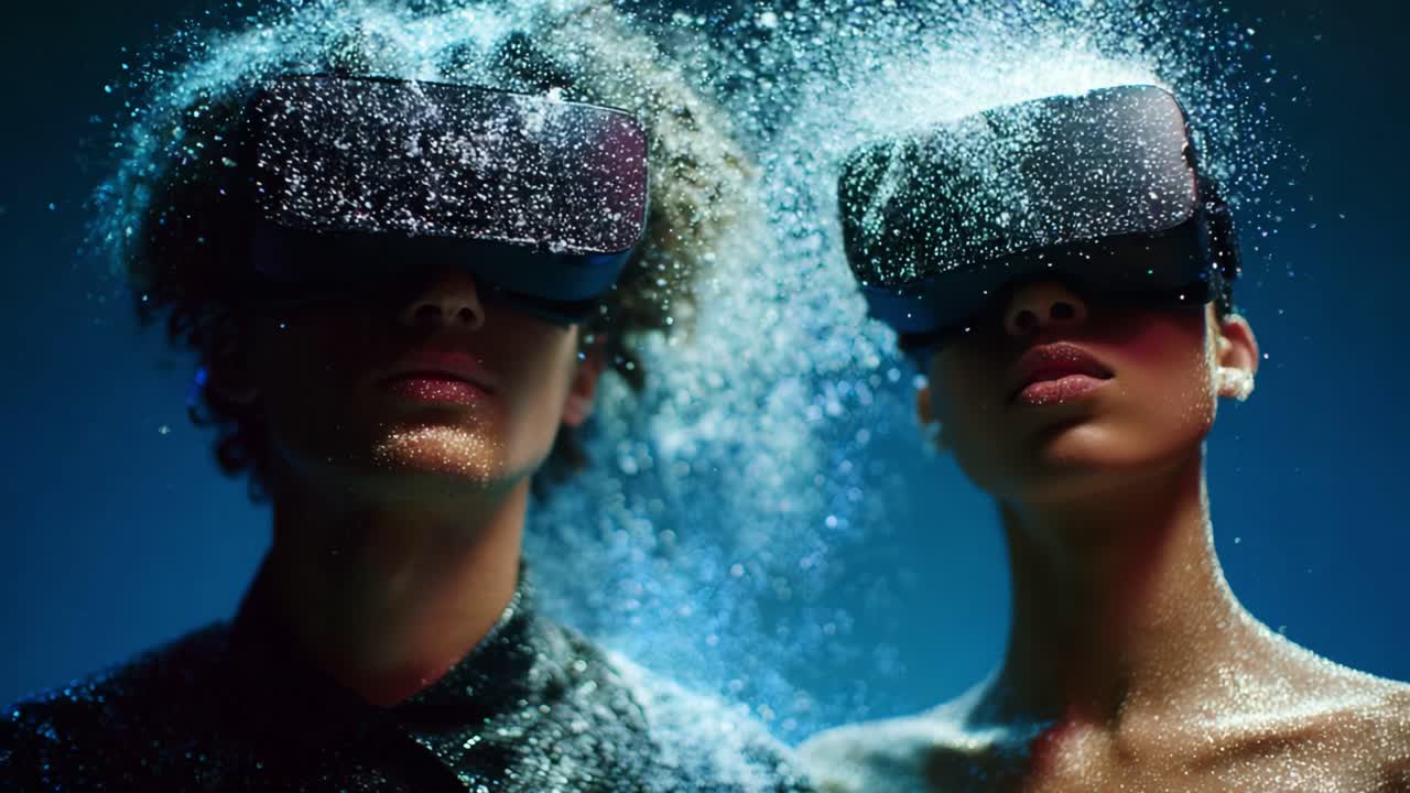 A Captivating Moment in Virtual Reality: Two Engaged Users Immerse Themselves in a Sensory Experience Surrounded by Glittering Particles, Showcasing the Fusion of Technology and Art