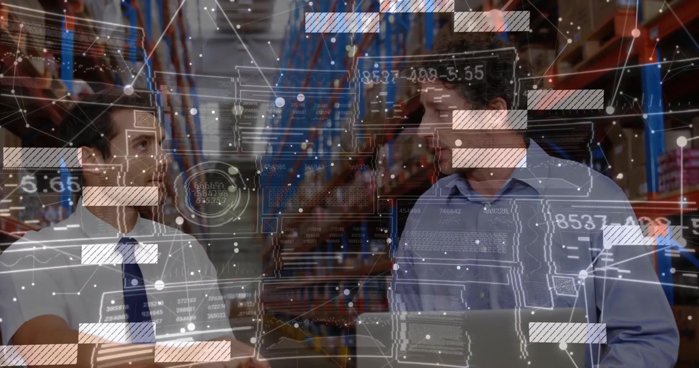 Left man tapping box right man using laptop updating warehouse with overlay linking to shelves