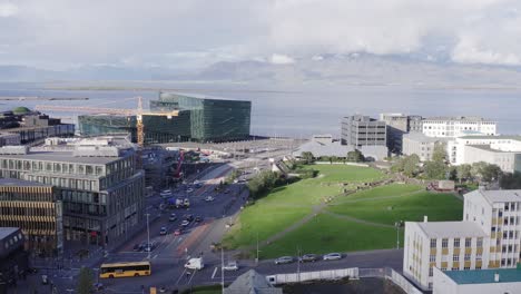 Cityscape-in-Reykjavik-with-green-Arnarhóll-park,-travel-destination-Iceland