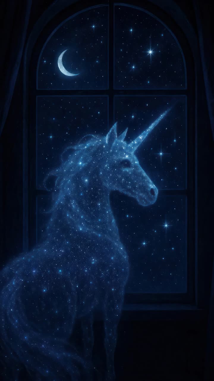 Magical unicorn silhouette against a starry night sky through a window