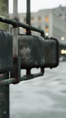 a row of rusty street lights on a pole in a city street