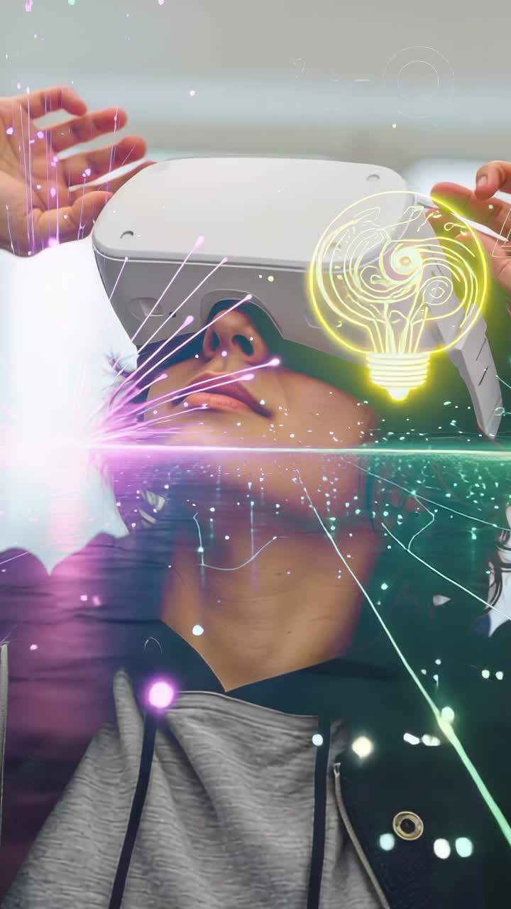 Vertical video: Holding VR headset, man wearing it for VR experience at lab, with circuit overlays