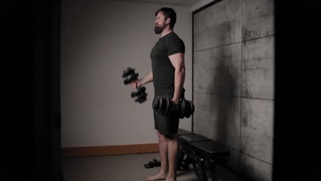 Standing-dumbbell-supination-concentration-curls,-cinematic-lighting,-white-man-dressed-in-black-gym-attire