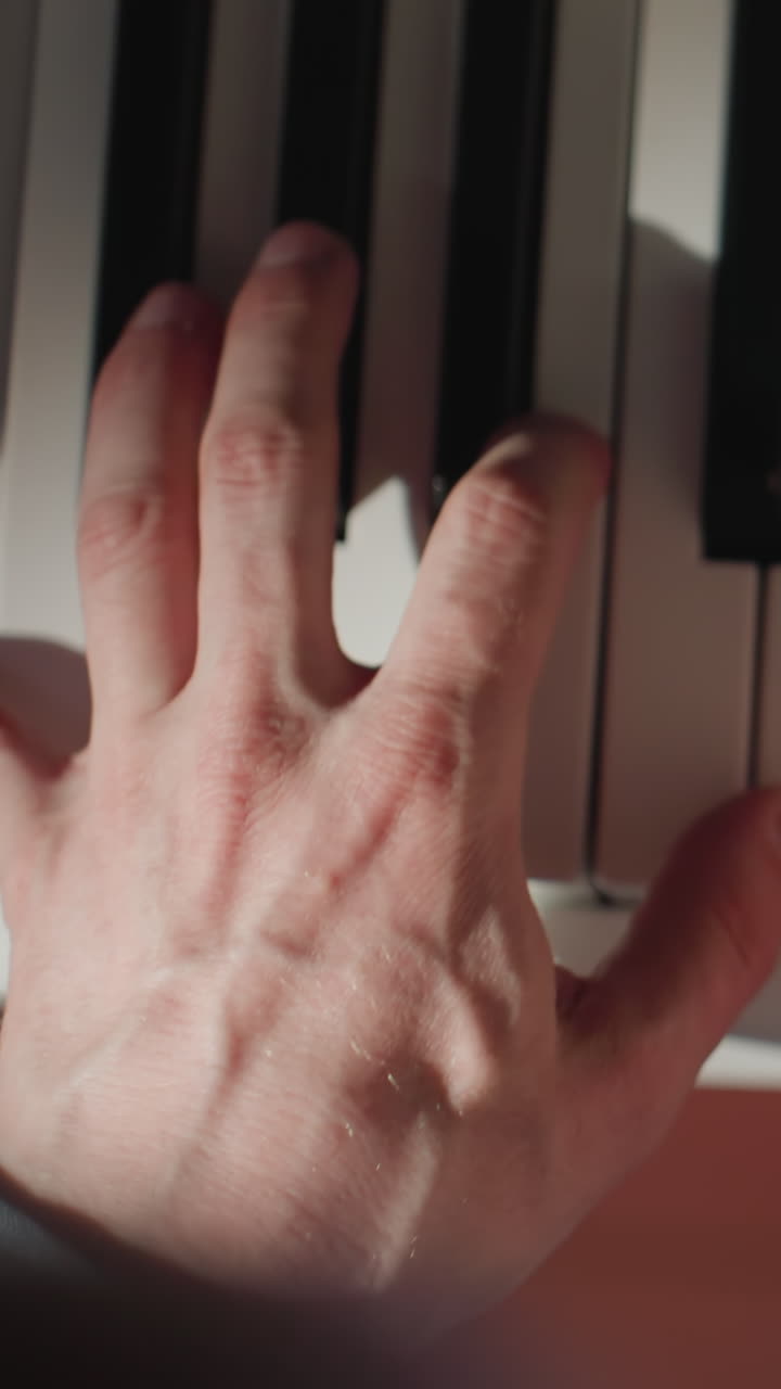 primer plano detallado de las manos tocando elegantemente un piano, centrándose en la interacción entre los dedos y las teclas. la profundidad y precisión de la expresión musical