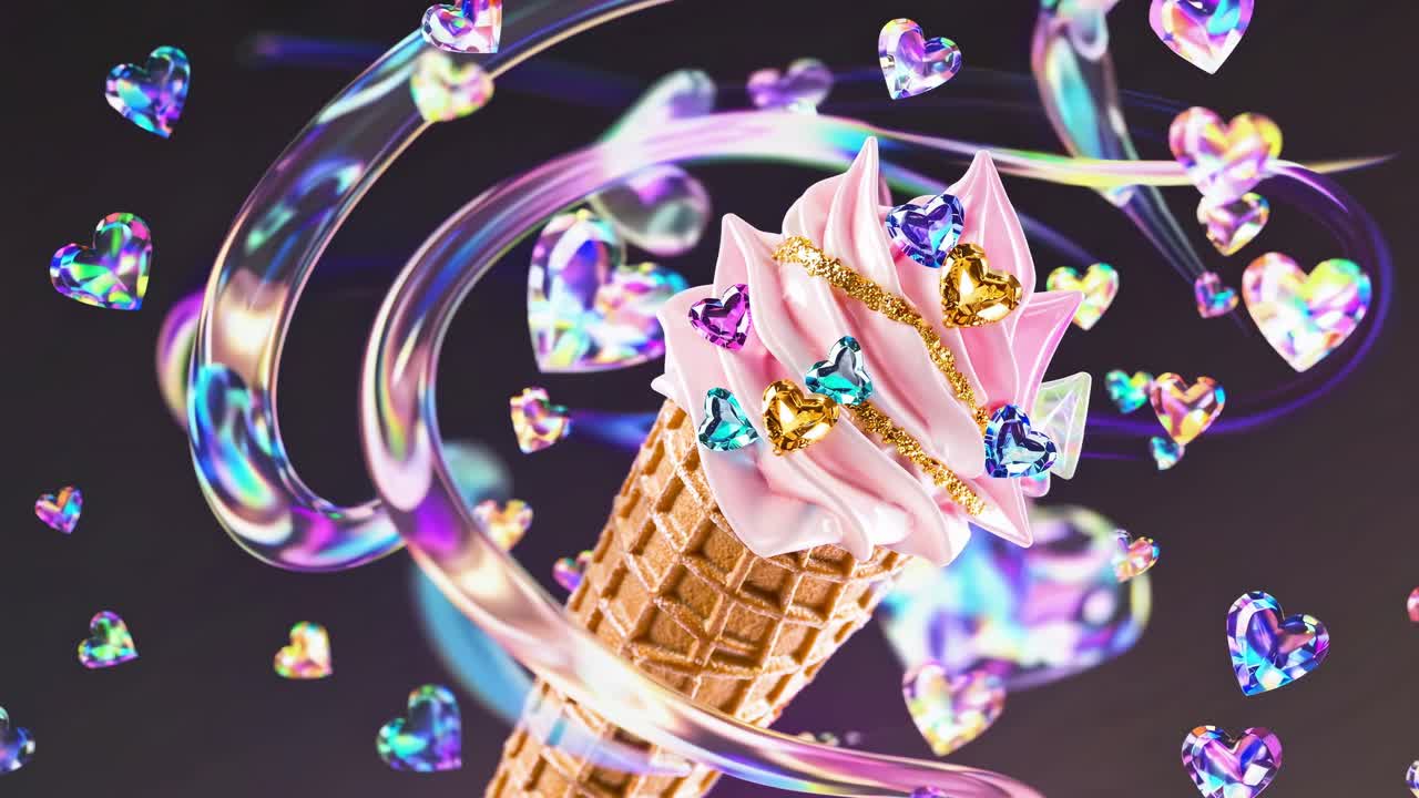 Pink ice cream cone topped with golden sprinkles, surrounded by shimmering heart shaped confetti against soft pastel backdrops, evoking whimsical summer sweetness