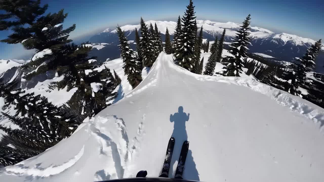 POV of skiing down a snowy mountain slope, surrounded by snow-covered trees and clear blue skies