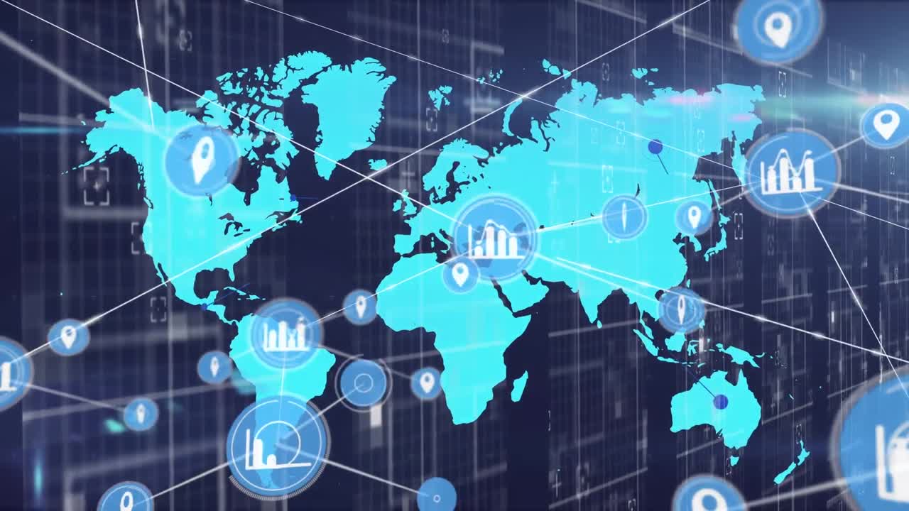 세계 지도를 가로지르는 연결 네트워크의 애니메이션