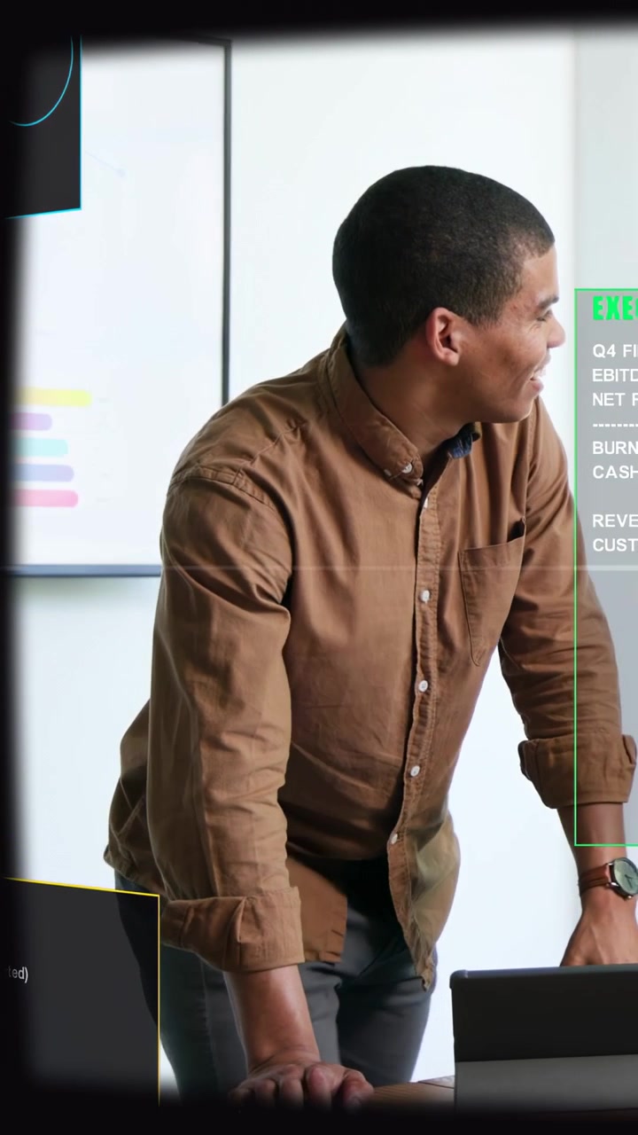 Vertical video: Host tapping tablet causing HUD showing revenue in meeting room for team briefing