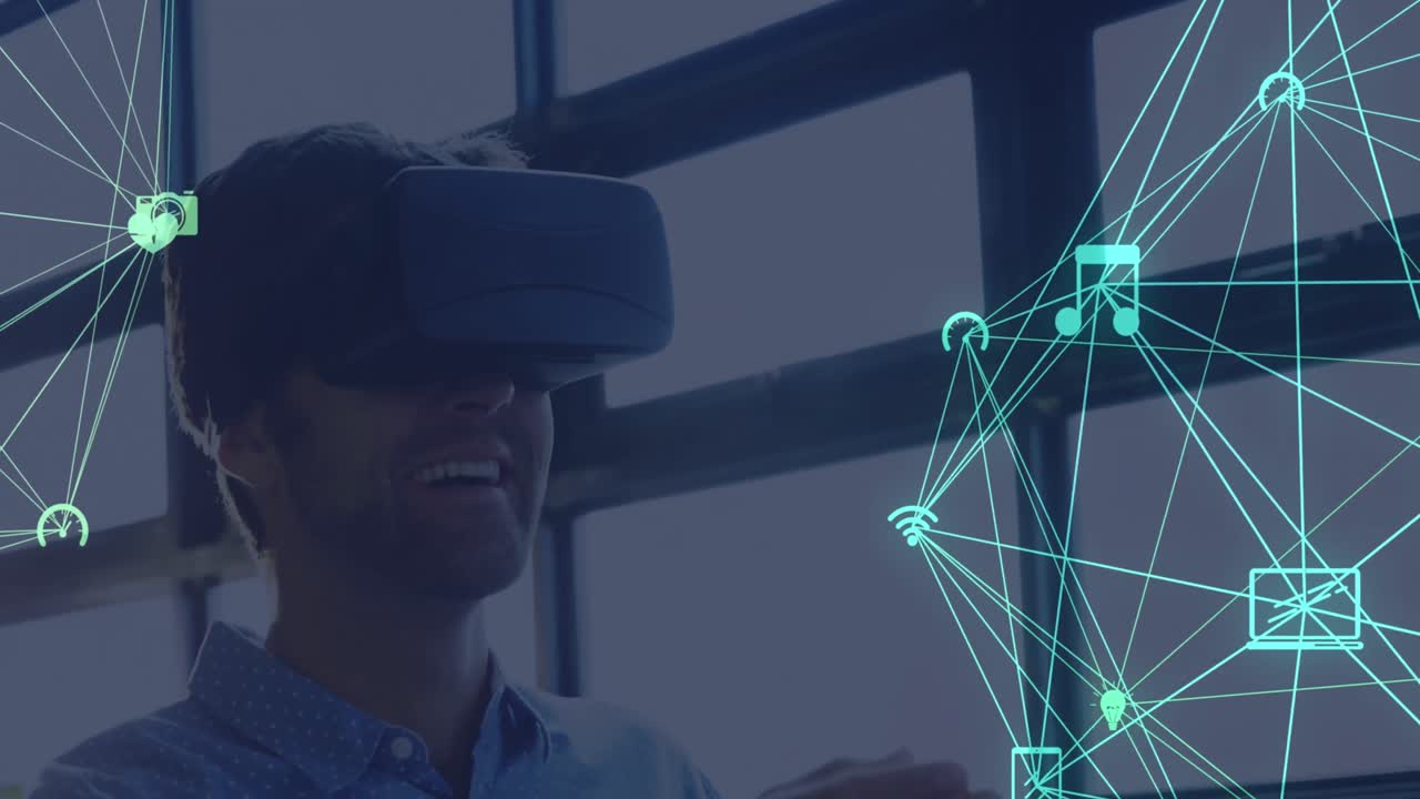 Globe of network of connections against man using VR headset