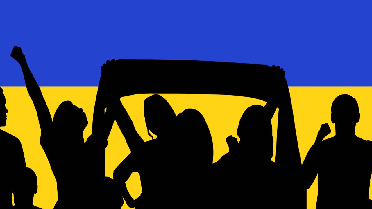 Animation of protesters silhouettes over flag of ukraine