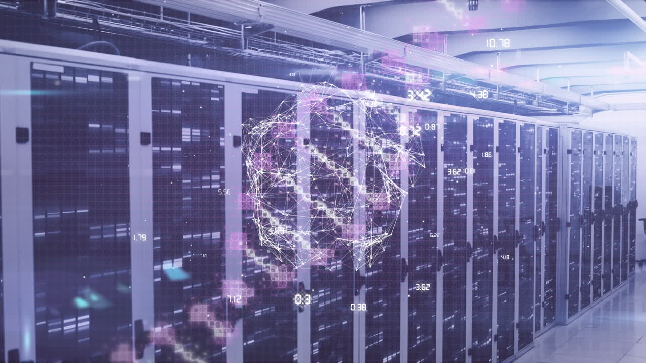 Animation of globe with data processing and dna strand over server room