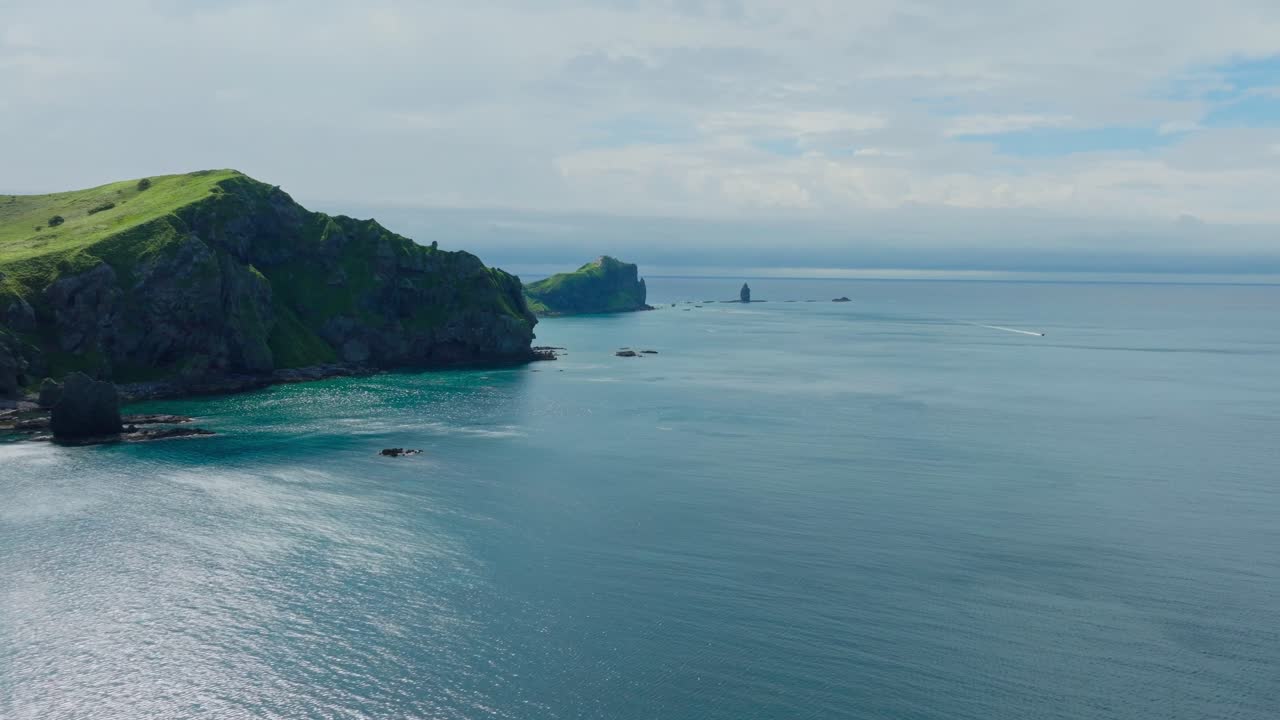 Panoramic Establishing aerial fly Cape, Japanese sea landscape in summer, drone view in Shakotan Hokkaido