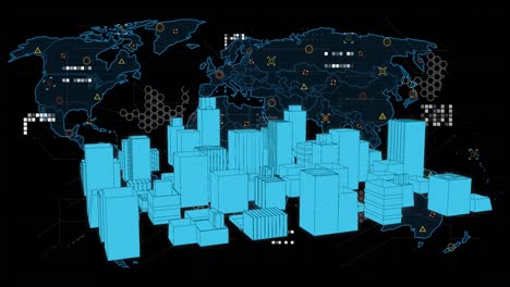 animation of digital city over world map with data processing on black background