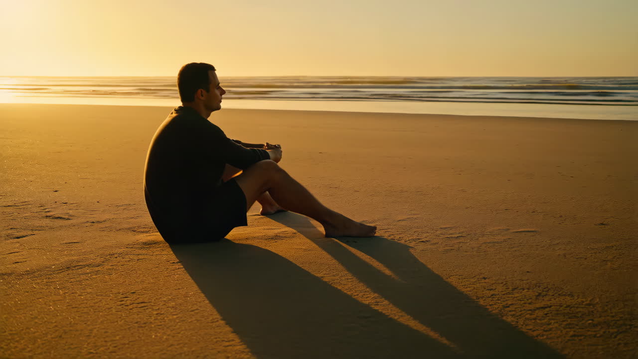 해가 지는 해변에 앉아 있는 남자