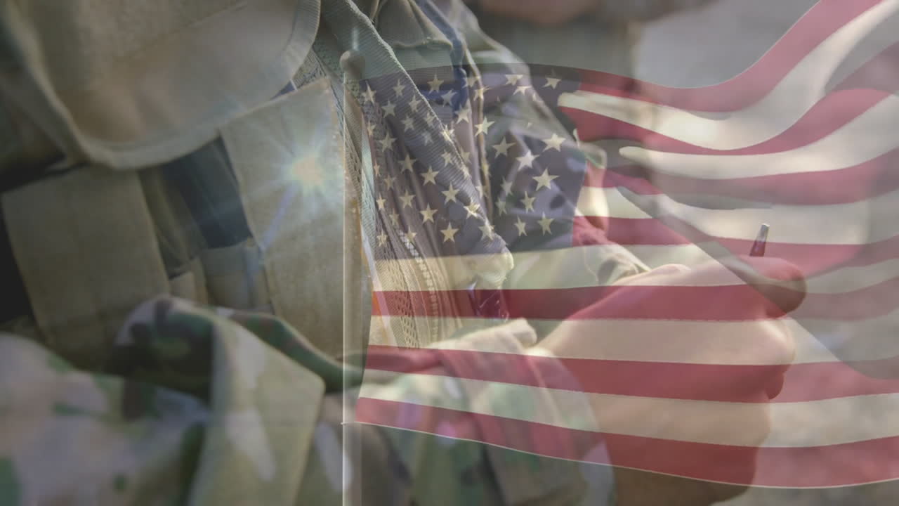 American flag overlaying soldier holding hands, symbolizing unity with animation