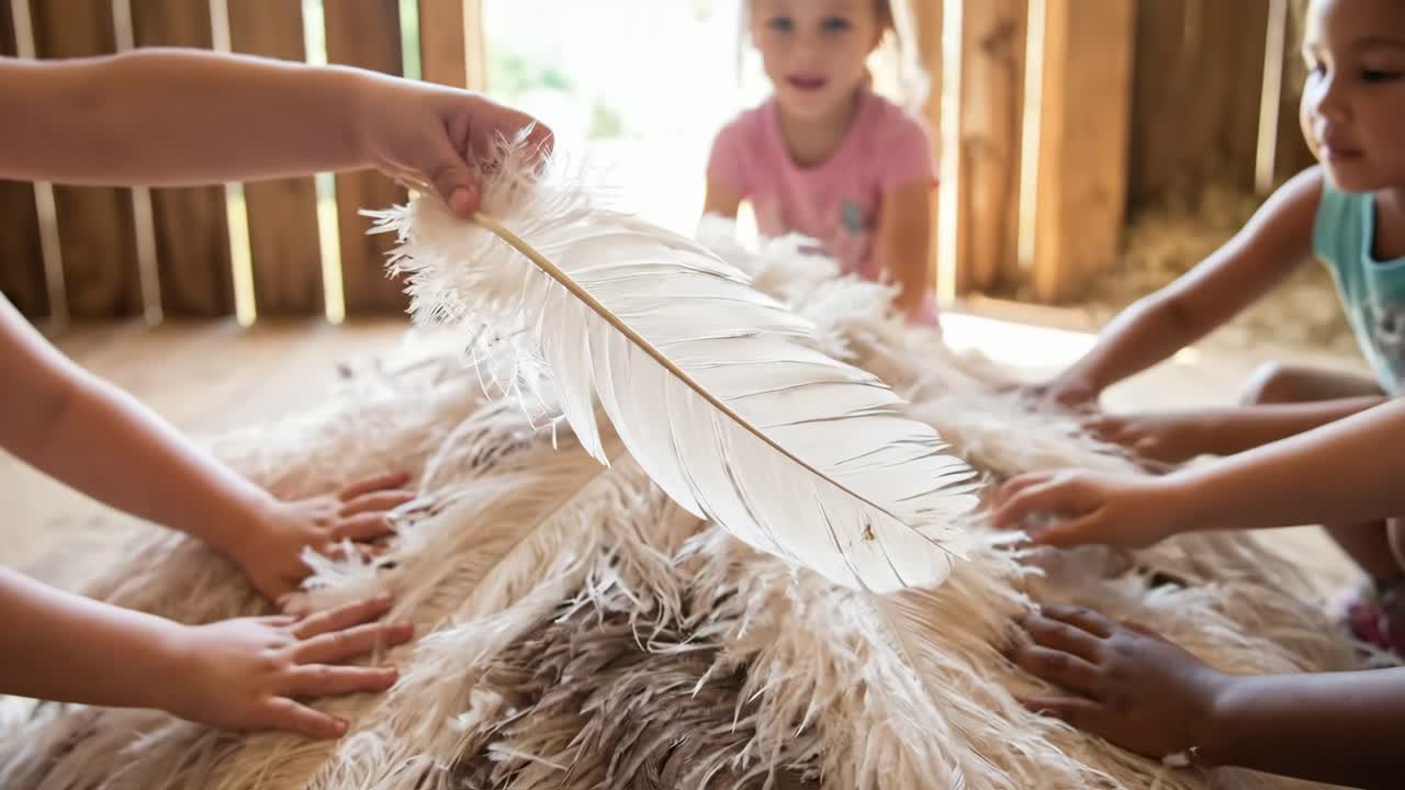 Children's Hands Touching and Exploring Soft Ostrich Feathers