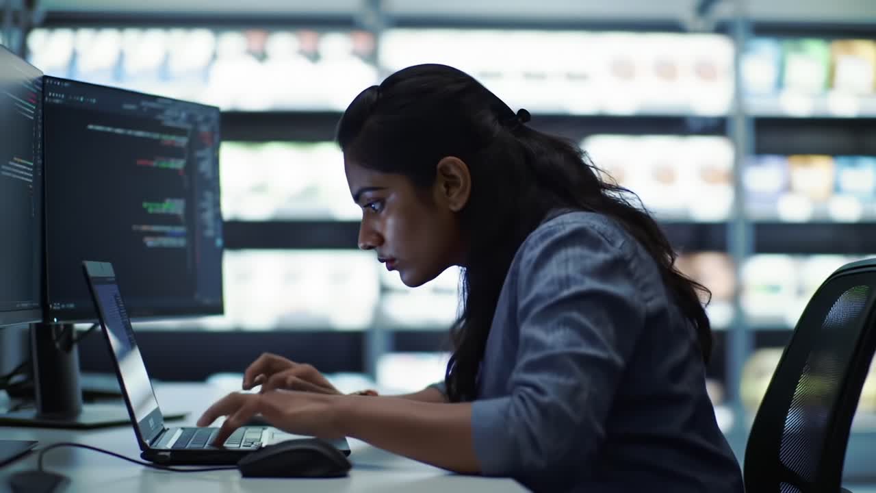 Focused programming session in a modern workspace, showcasing a woman deeply engaged in coding on her laptop with multiple screens displaying vibrant data