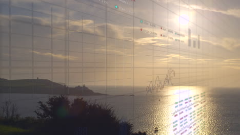 animación de múltiples gráficos en el patrón de cuadrícula moviéndose sobre la vista panorámica del mar contra el cielo al atardecer