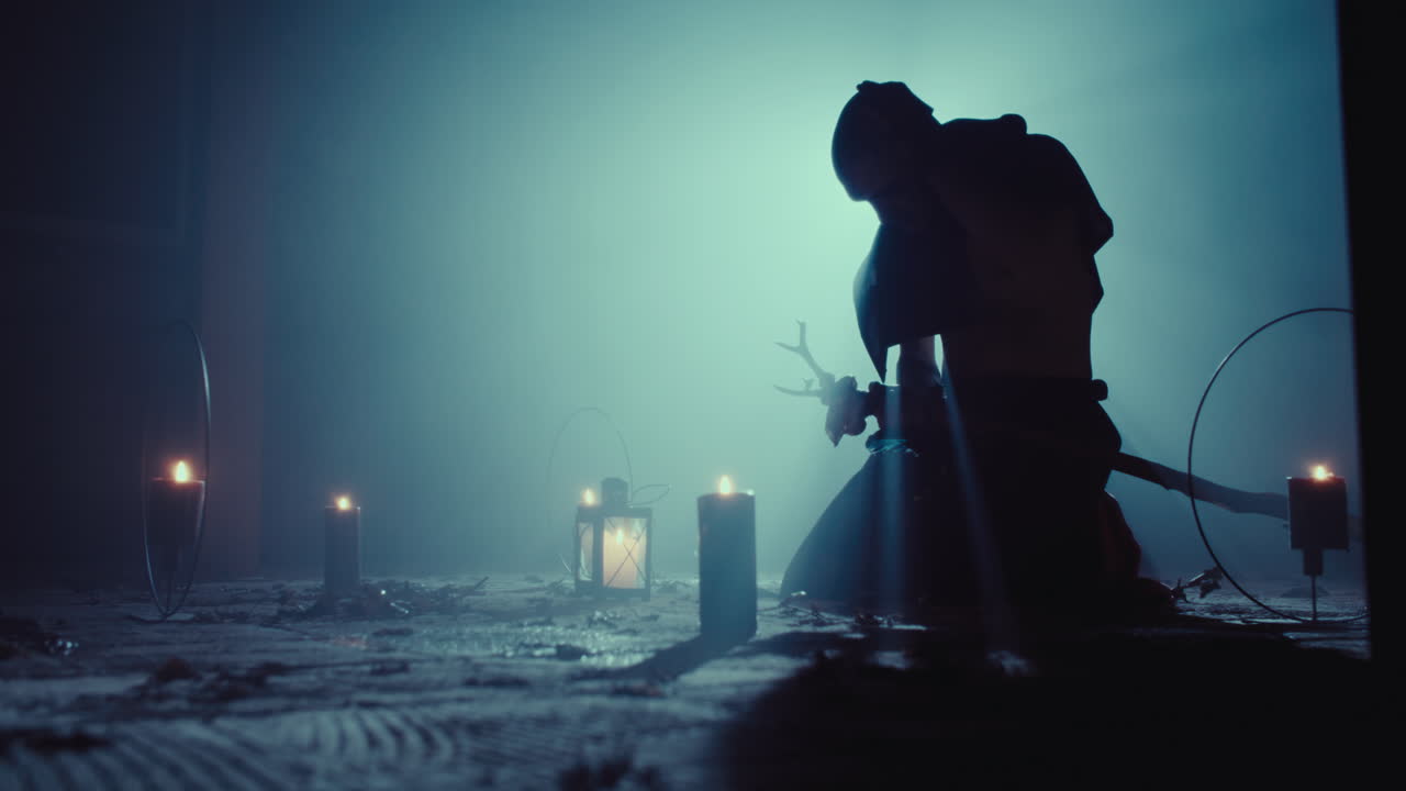 Silhouette of a warrior in a mystical setting