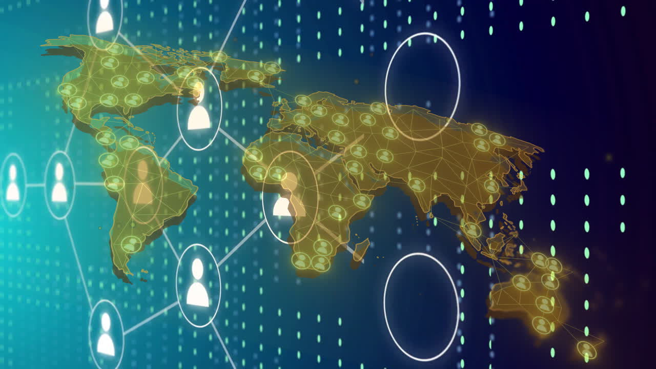 연결의 글로벌 네트워크 및 사용자 아이콘 세계 지도에 대한 애니메이션