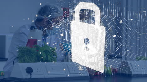 animación del candado de seguridad en línea sobre el laboratorio de científicos