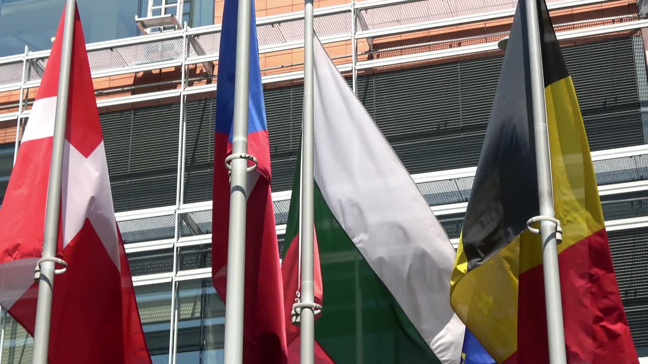4K. Some flags of European Union countries are waving. European Quarter