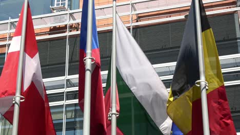 4k. some flags of european union countries are waving. european quarter