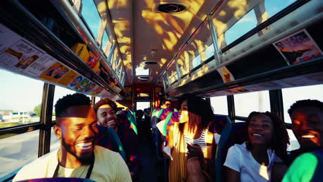 friends laughing and traveling together on a bus