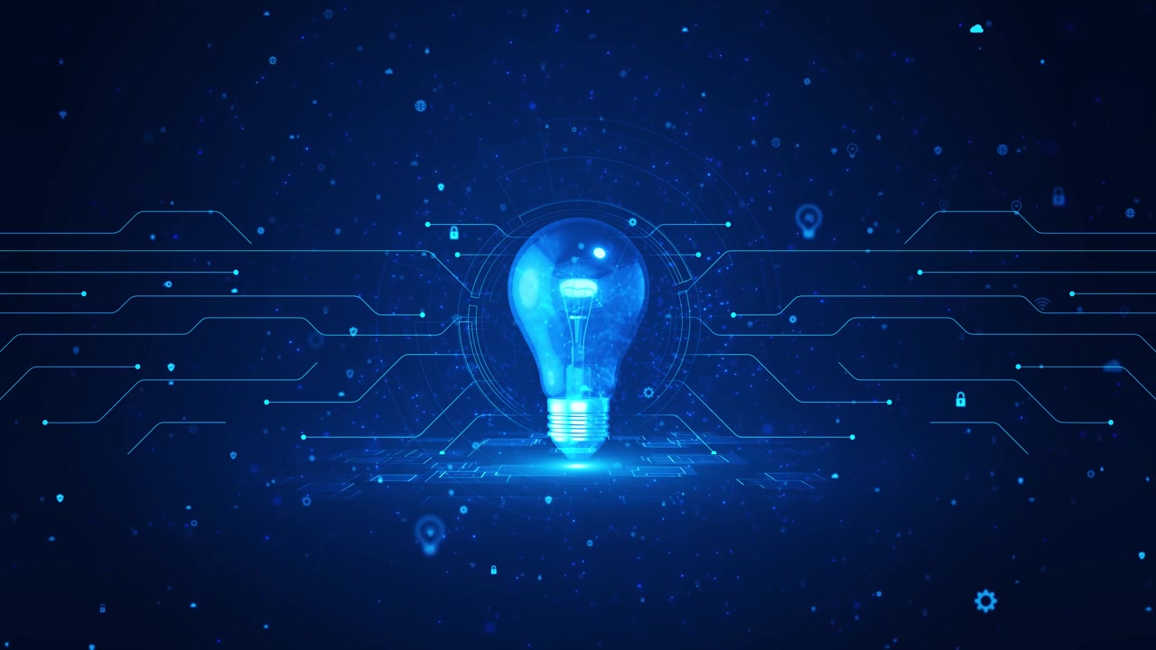 Visuell fremstilling av smart innovasjon lyspære med blå glød, digitale kretslinjer og tilkoblet ikonnettverk