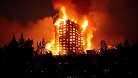 a tall building is engulfed by flames at night