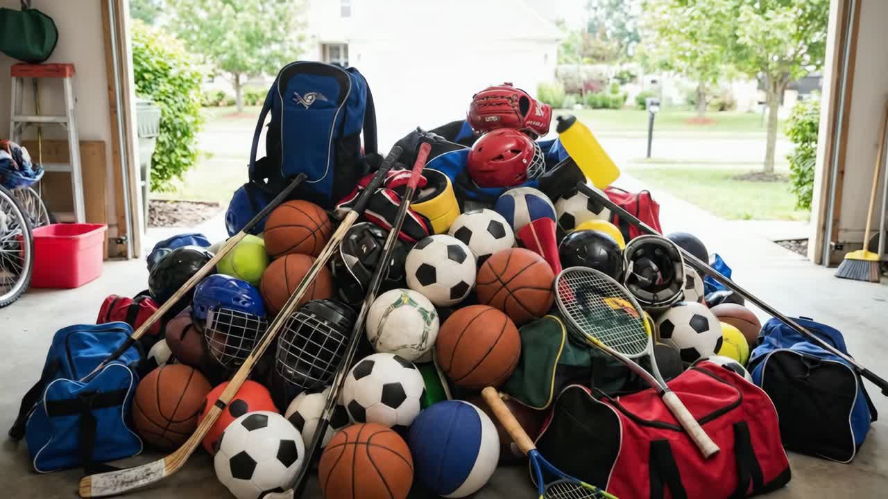 Hands Throwing Various Sports Equipment onto a Large Pile in a Garage
