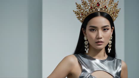 a stunning fashion portrait of a model wearing a crown, radiating elegance and confidence with a silver attire in a minimalist setting