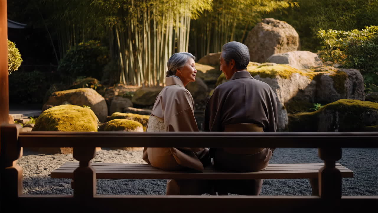 Elderly couple in a peaceful Japanese garden