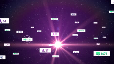animation of social media icons and numbers on white banners over stars on purple sky