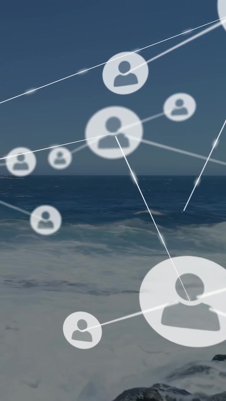 Vertical video: Rocky shore surf crashing, icon network starting left and expanding, showing links