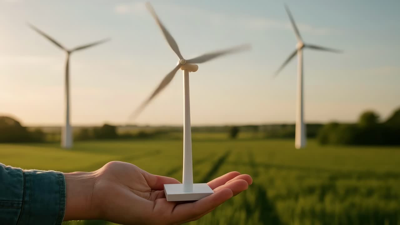 Close-up video shot of a hand holding a small wind turbine model, with real turbines