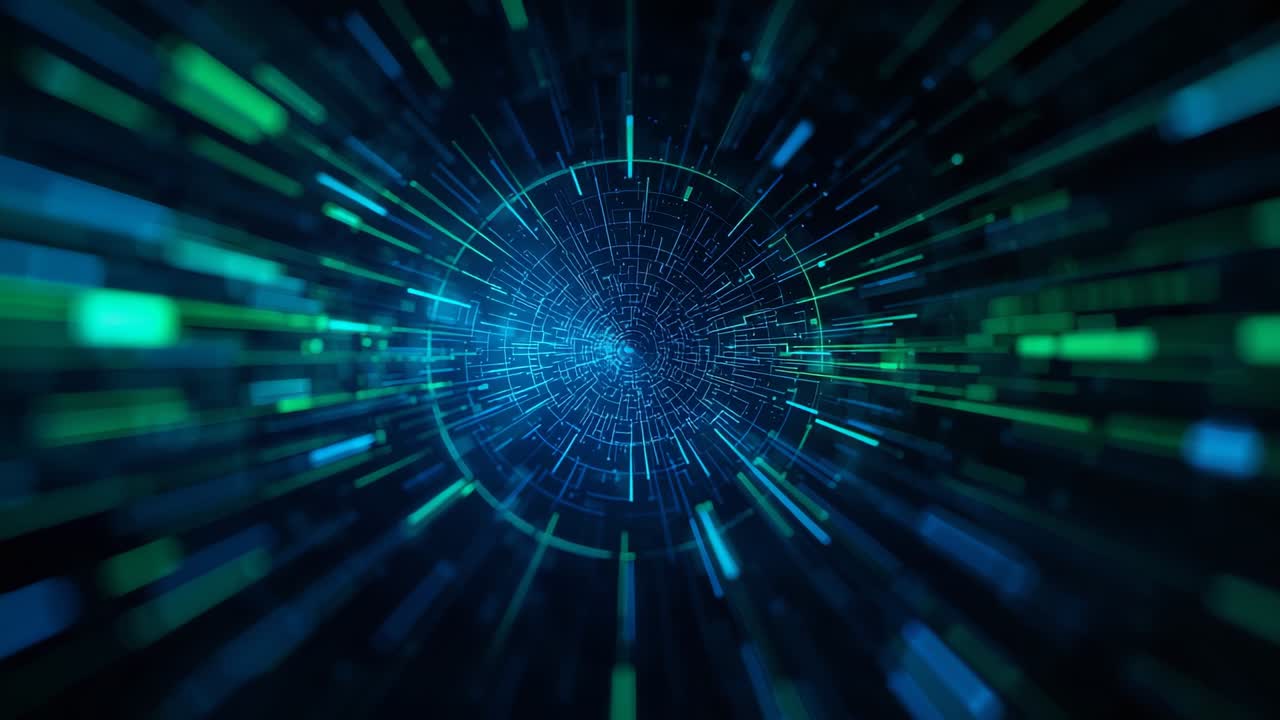 Starting central grid expanding in data tunnel, blue streaks, bars and sparks showing speed