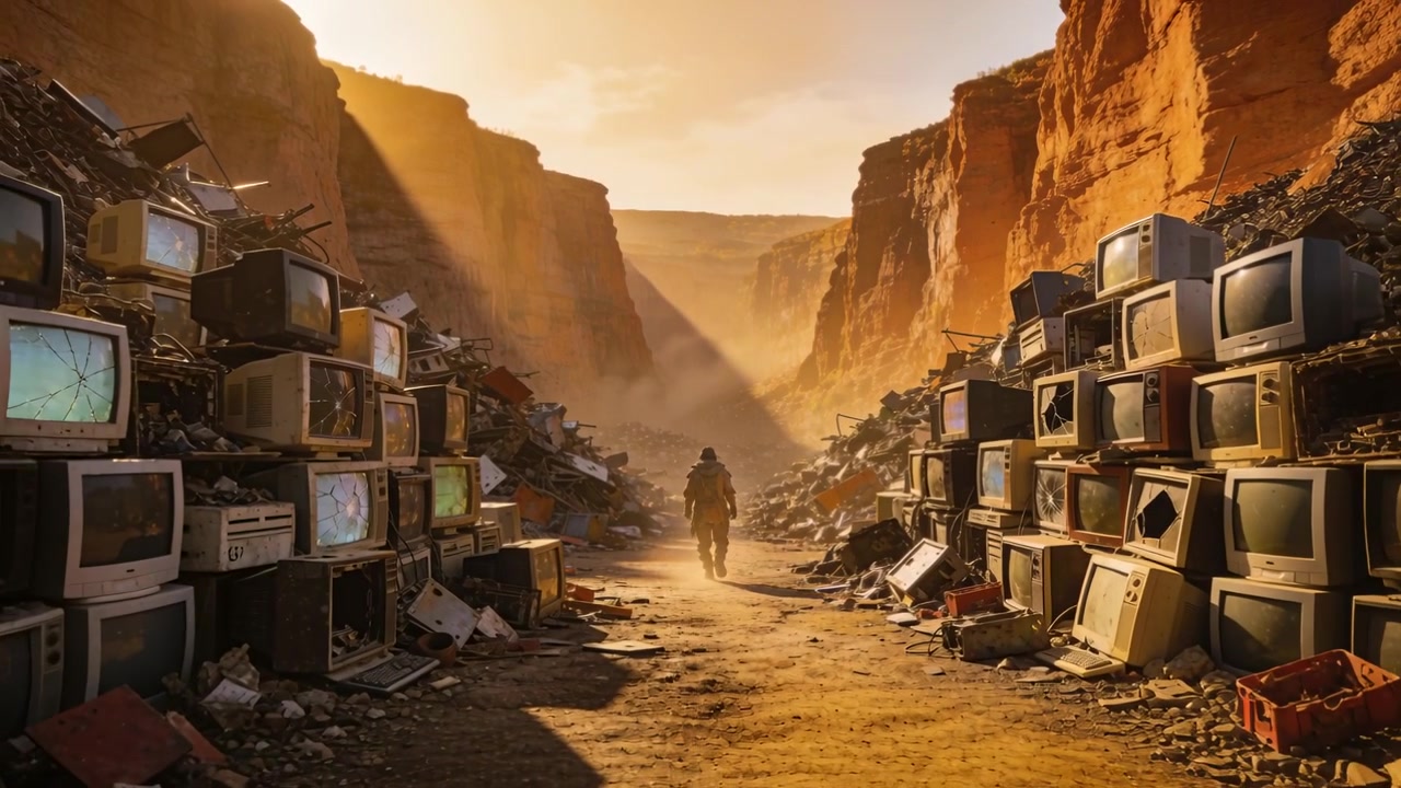 Walking traveler in long coat, hat with backpack, following light down canyon, flanked by CRT TVs