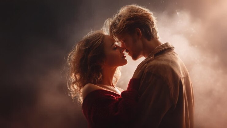 Un moment d’intimité captivant entre deux personnes, unies dans une étreinte tendre, entourées d’une atmosphère de rêve, évoquant des sentiments d’amour et de connexion