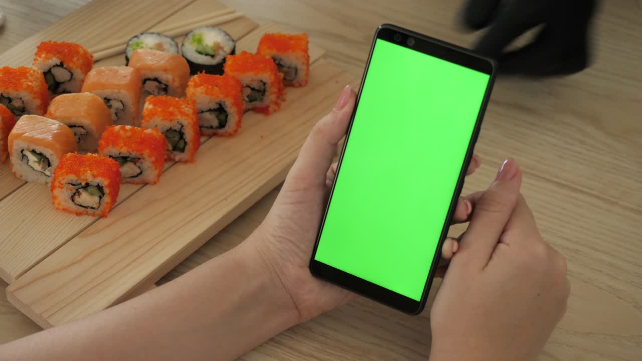 Watching app delivery service, online buy food, look menu order use touchscreen