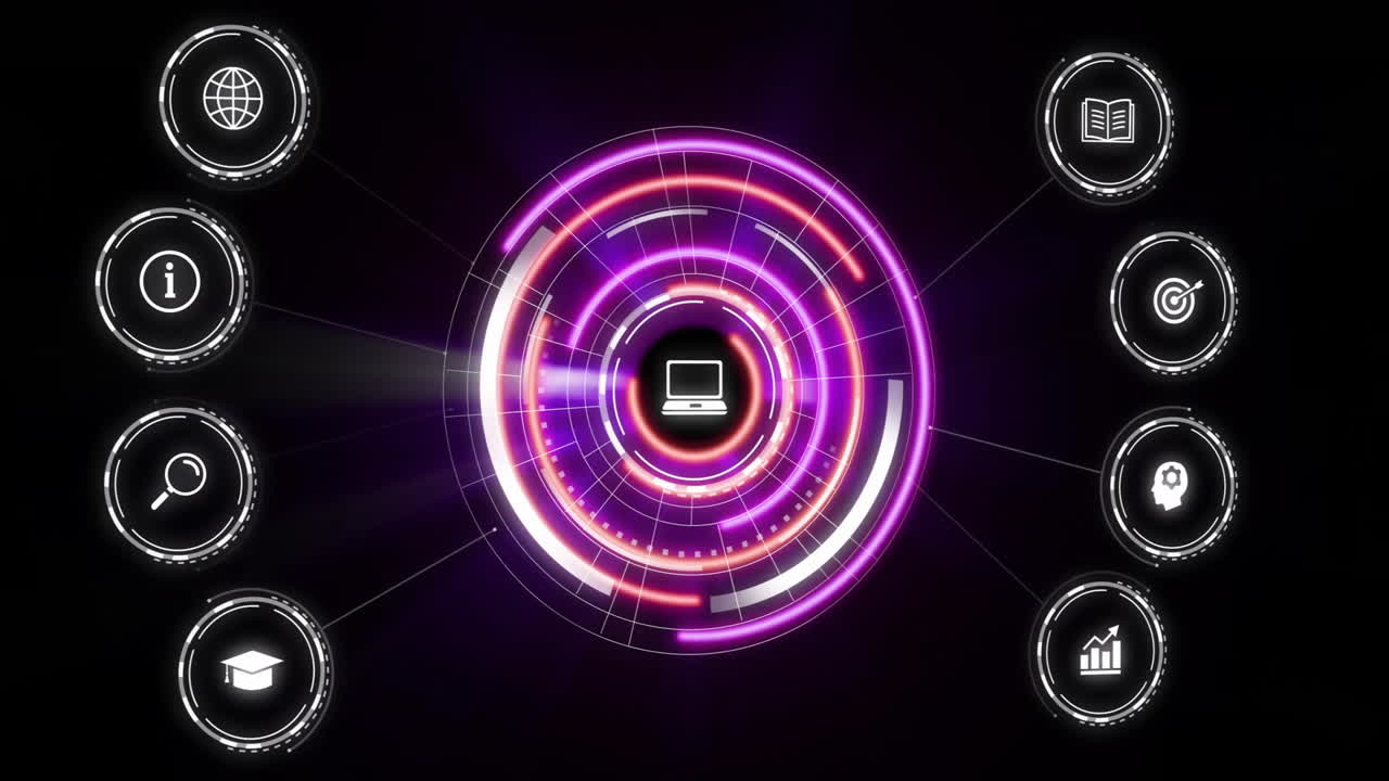 Animation of neon circles moving over media icons