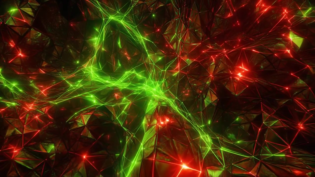 Red digital abstracta con estructuras geométricas rojas y verdes brillantes