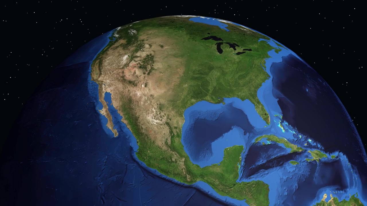 Digital animation zooms from space into San Antonio, Texas, displaying local population data statistics