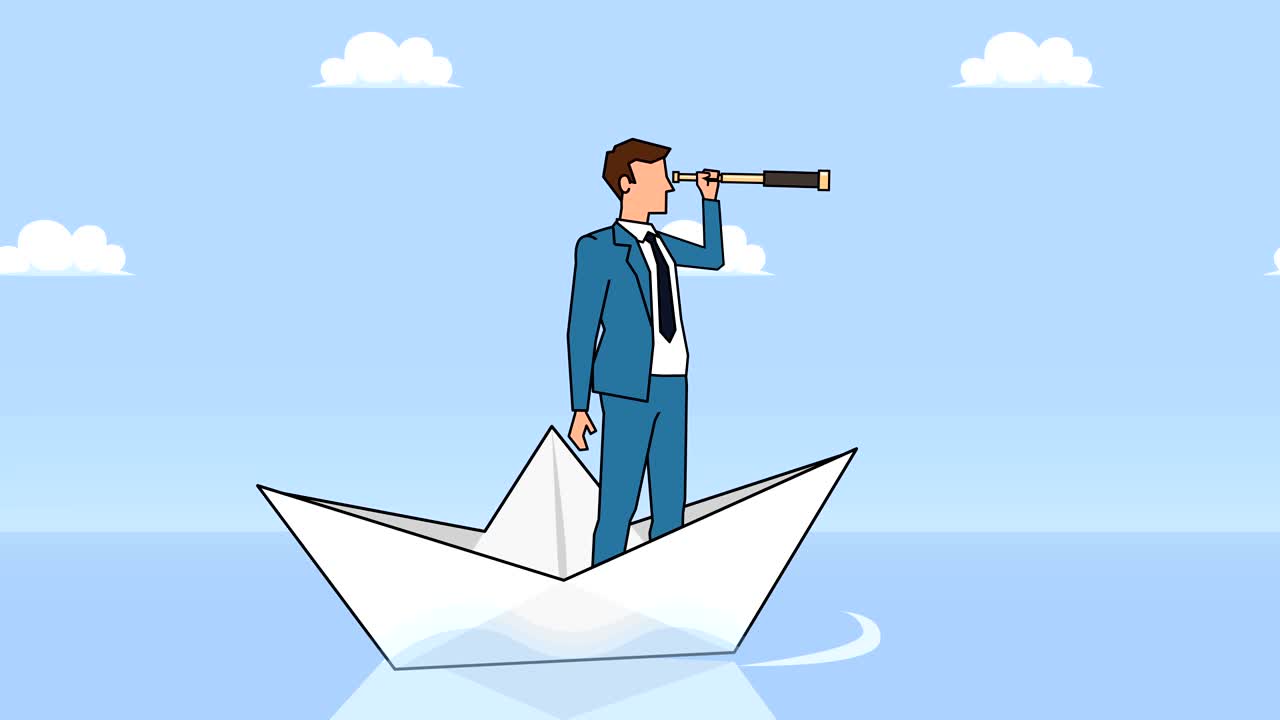 Animazione di un personaggio di uomo d'affari cartoon in stile flat che guarda attraverso un cannocchiale galleggiando su una barca di carta