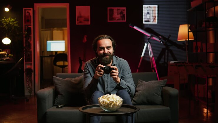 Uomo entusiasta che tiene un controller in appartamento, giocando ai videogiochi