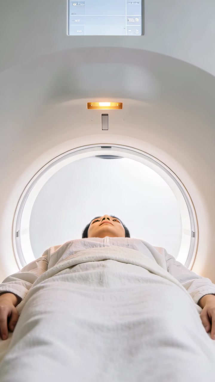 Video verticale: Luce che si attiva, donna in camice bianco sdraiata supina su un tavolo nel gantry per la risonanza magnetica.