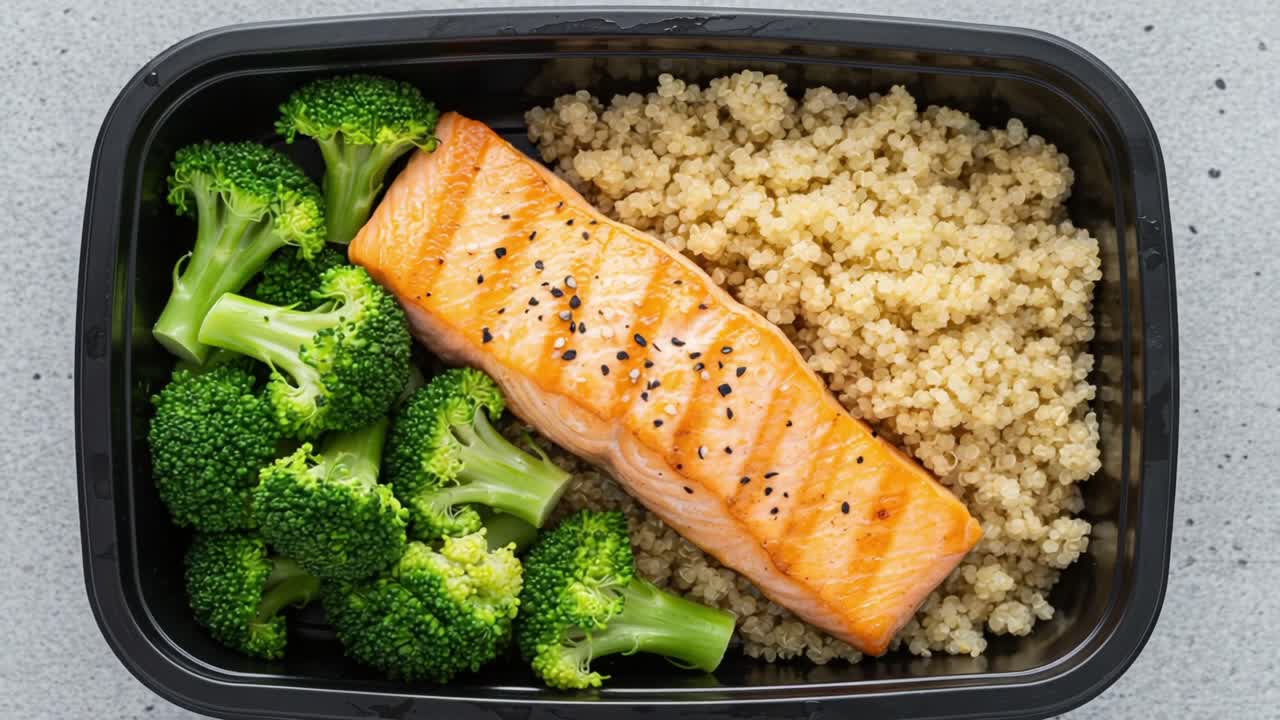 Preparazione di pasti sani con salmone grigliato, quinoa e broccoli freschi: un'opzione bilanciata e nutriente per una dieta sana